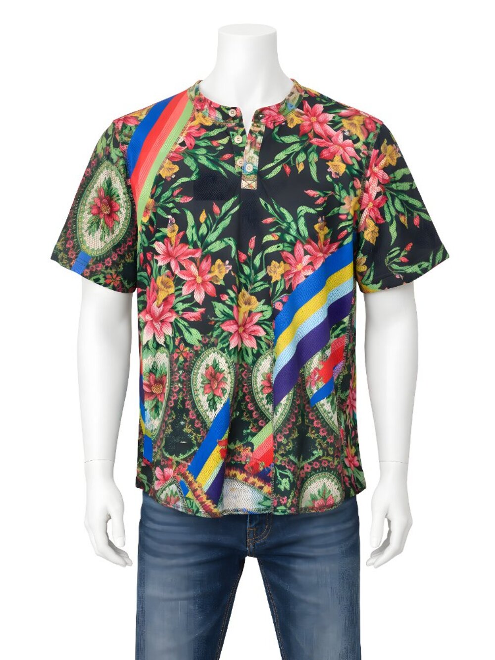 PIERRE-LOUIS MASCIA | Floral Stripe Mesh Henley Shirt | S